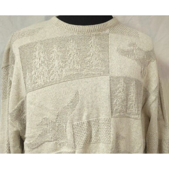 Vtg Croft & Barrow Sweater Mens XL Cream Ducks Tree Embossed Graphic USA Sweater - Picture 2 of 14